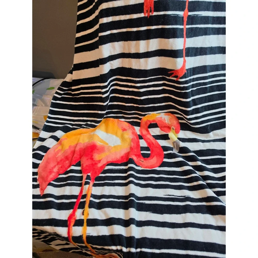 Nicole Miller Home Flamingo Beach Towel Black White Striped 100% Cotton 60x34